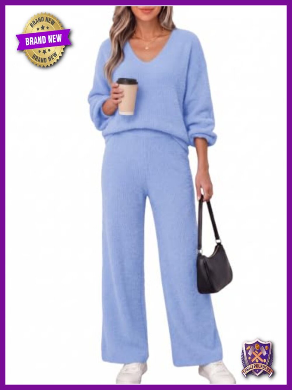 Women's Sweater Set V-Neck Long Sleeve Top Wide Leg Pants 2 Piece Knit